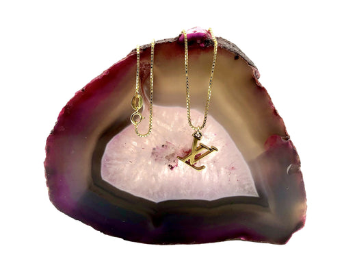 Repurposed Louis Vuitton Cut-Out Logo Charm Crystal Cerises Necklace