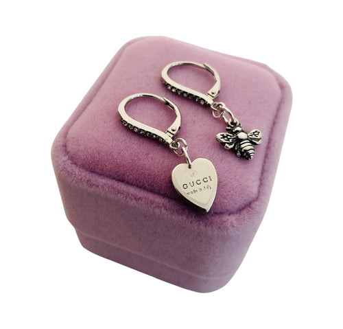Repurposed Gucci Sterling Silver Heart & Bee Asymmetrical Swarovski Earrings