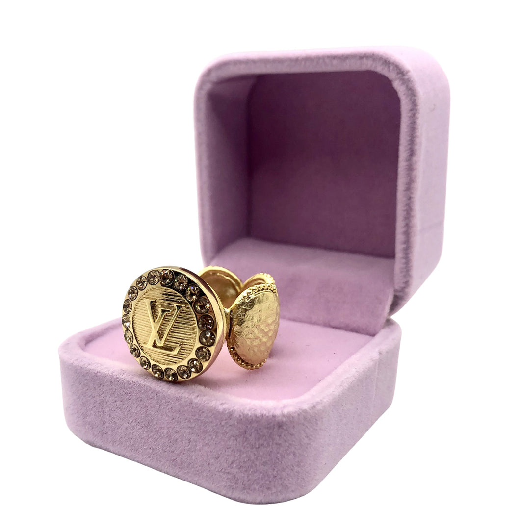 Repurposed Very Rare Louis Vuitton Crystals Gold Button Ring