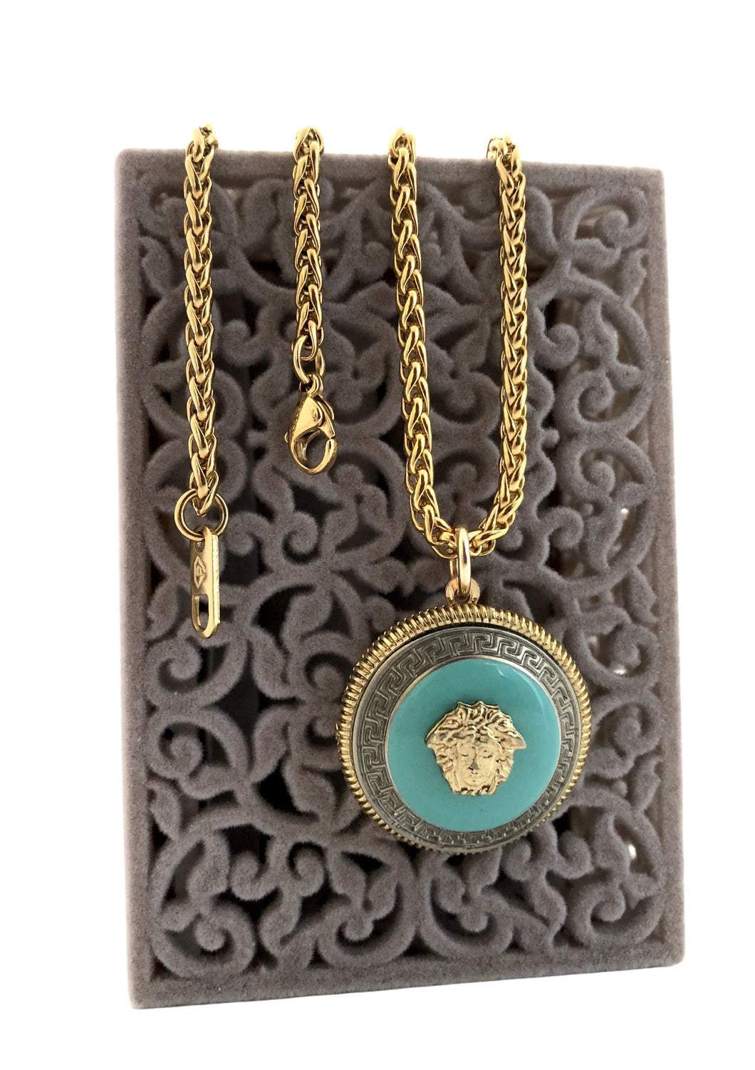 Repurposed Turquoise & Gold Versace Iconic Medusa Necklace