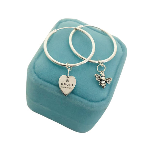 Repurposed Gucci Sterling Silver Heart Charm & Bee Asymmetrical Earrings