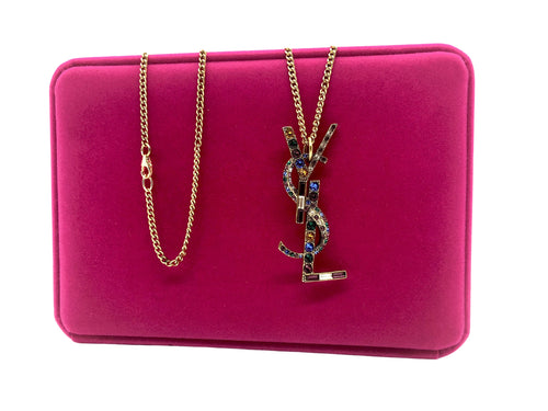 Repurposed Rare Saint Laurent Crystal YSL Charm Long Necklace