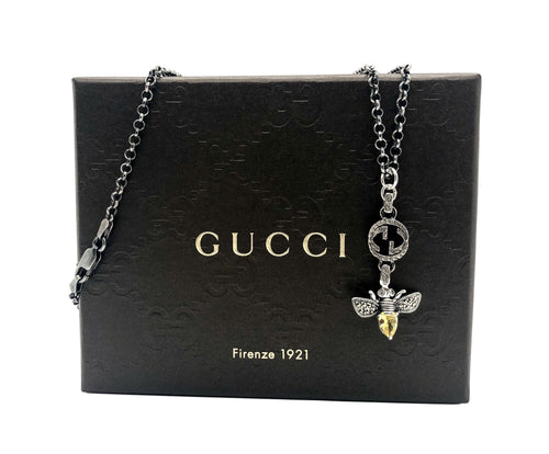 Repurposed Gucci .925 Sterling Silver Crystal Bee GG Charm Necklace