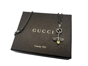 Repurposed Gucci .925 Sterling Silver Crystal Bee GG Charm Necklace