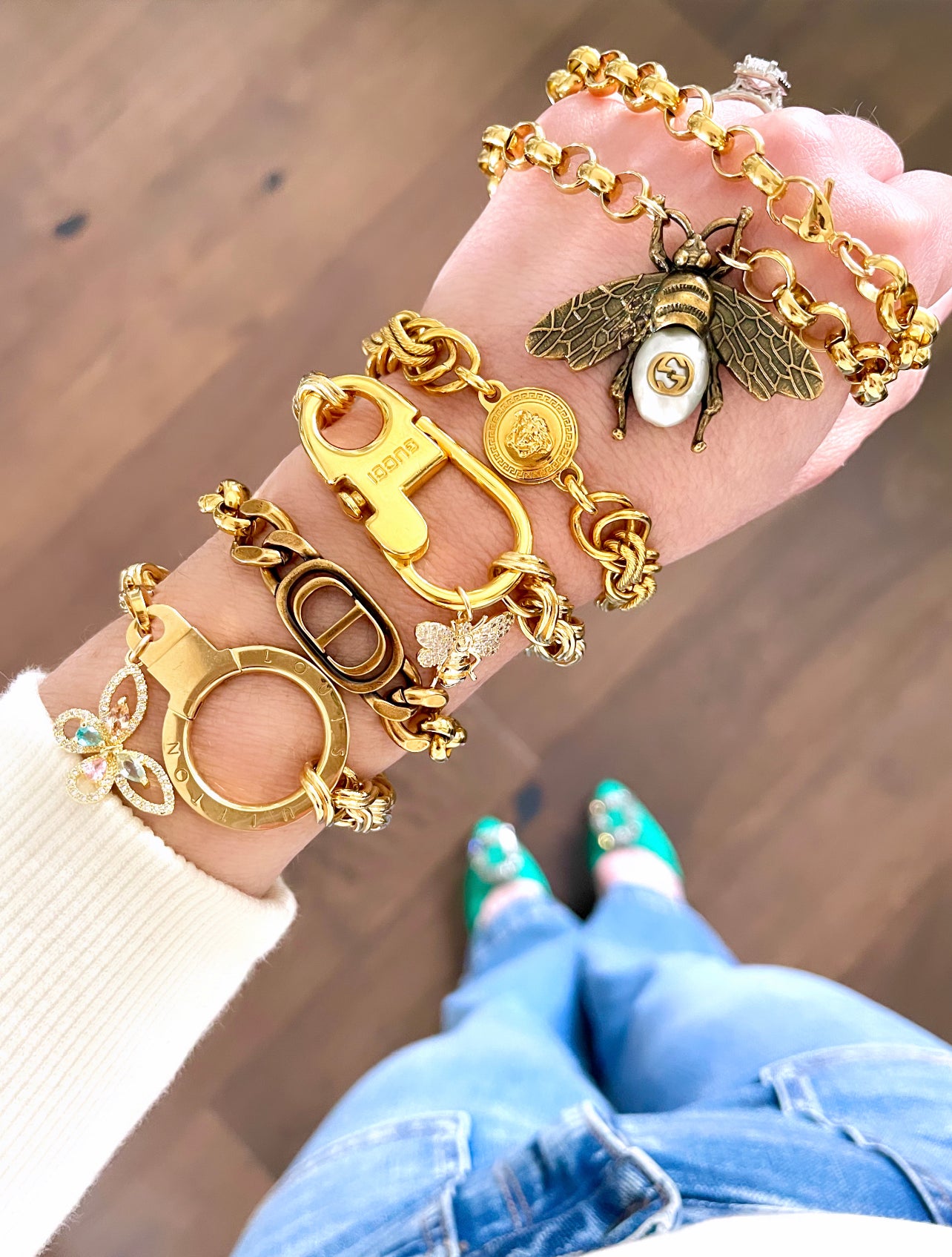 Repurposed Gucci Vintage Coin & Crystal Bee Charm Bracelet