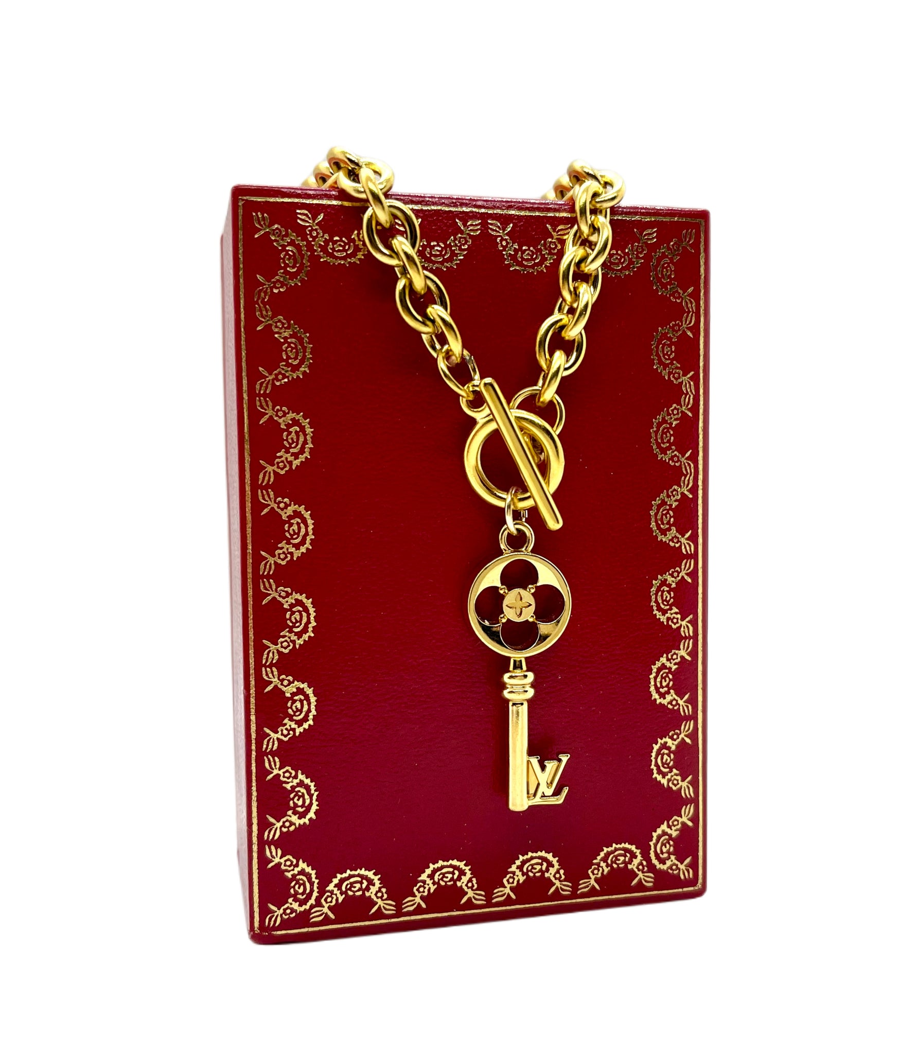 Louis Vuitton Key Pendant Necklace Repurposed Gold Plated Sterling Silver  16”