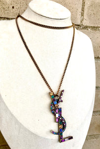 Repurposed Rare Saint Laurent Crystal YSL Charm Long Necklace