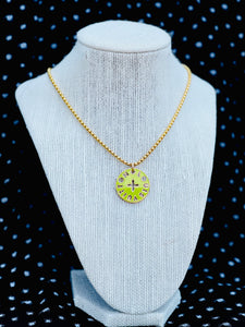 Repurposed Large Louis Vuitton Reversible Fushia & Lime Green Logo Cut~Out Necklace
