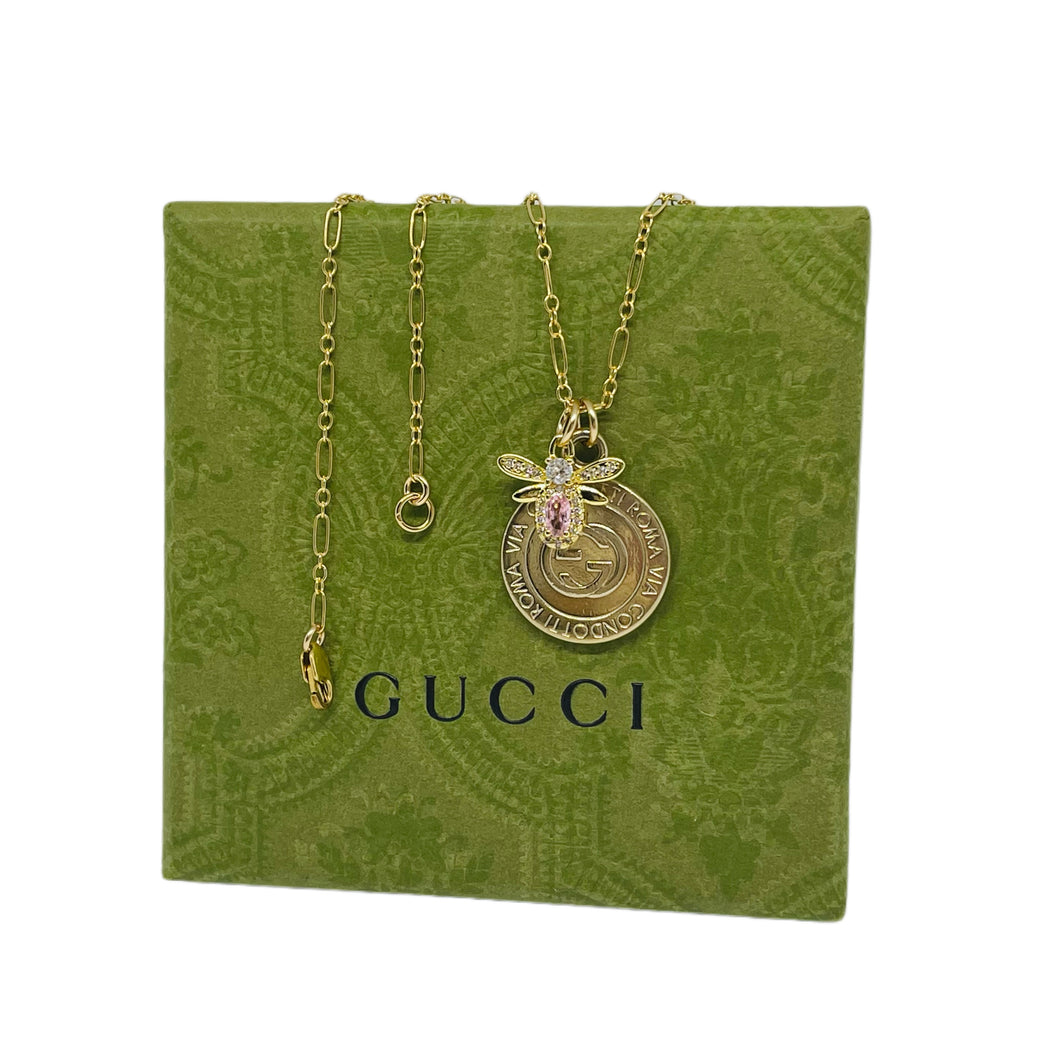 Repurposed Interlocking GG Gucci Coin & Removable Crystal Bee Charm Necklace