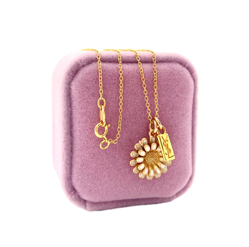 Repurposed YSL Bar & White Enameled Flower Charm Necklace