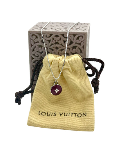 Repurposed Louis Vuitton Silver & Magenta Flower Logo Charm Necklace