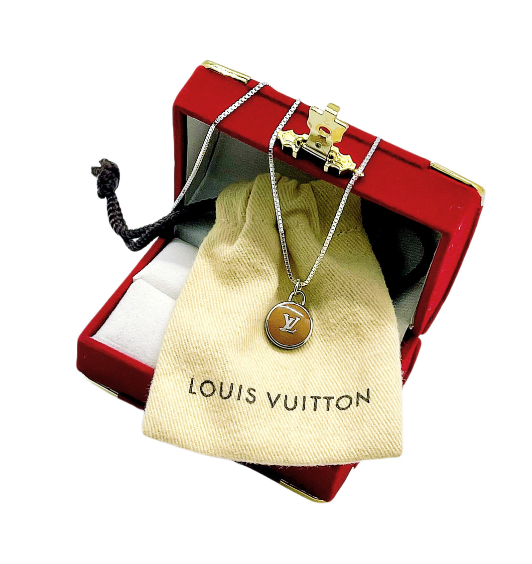 Repurposed Louis Vuitton Silver & Mustard Logo Charm Necklace