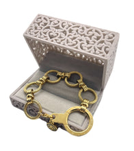 Load image into Gallery viewer, Repurposed Gold Louis Vuitton Keyring &amp; Flower Logo Charm Vintage Bracelet