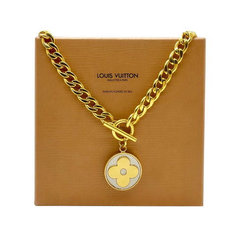 Large Repurposed Louis Vuitton White & Gold Signature Flower Charm Necklace