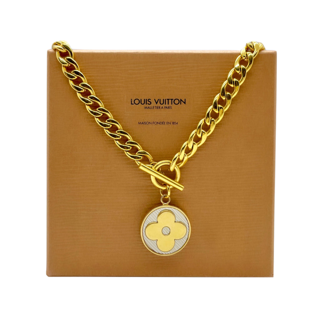 Large Repurposed Louis Vuitton White & Gold Signature Flower Charm Necklace