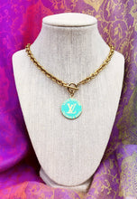 Load image into Gallery viewer, Repurposed Large Louis Vuitton Trunks &amp; Bags Teal~Gold Reversible Necklace