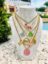 Load image into Gallery viewer, Repurposed Tangerine &amp; Ocean Blue Medium Louis Vuitton Flower Cut-Out Reversible Necklace