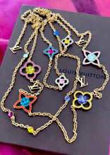 Load image into Gallery viewer, *Very Rare* Large Repurposed Louis Vuitton Purple &amp; Lime Green Flower Charm Toggle Necklace