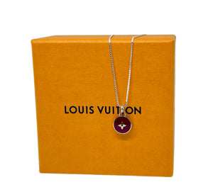 Repurposed Louis Vuitton Silver & Magenta Flower Logo Charm Necklace