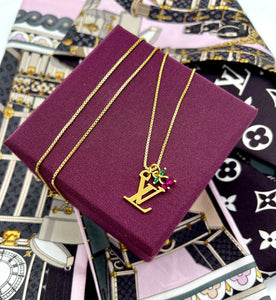 Repurposed Louis Vuitton Cut-Out Logo Charm Crystal Cerises Necklace