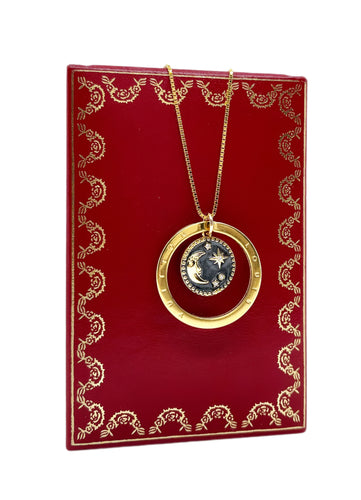 Repurposed Louis Vuitton Keyring & Moon/Stars Enameled Charm Necklace