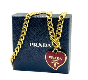 X~Large Repurposed  Burgundy & Gold Prada Heart Charm Necklace