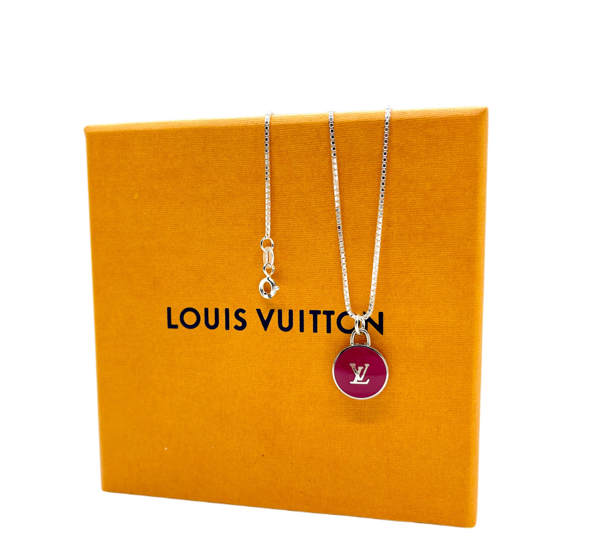 Repurposed Silver & Magenta Louis Vuitton Signature Logo Necklace