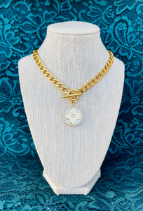 Large Repurposed Louis Vuitton White & Gold Signature Flower Charm Necklace