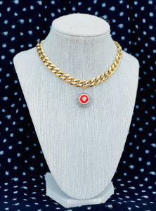 Repurposed Two~Tone Red Enameled Iconic Medusa Vintage Necklace