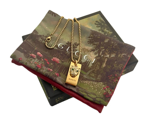 Repurposed Vintage Gucci Tag & Crystal Feline Charm Necklace