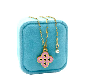 Small Repurposed Louis Vuitton Pink & Gold Flower Cut~Out Charm Necklace