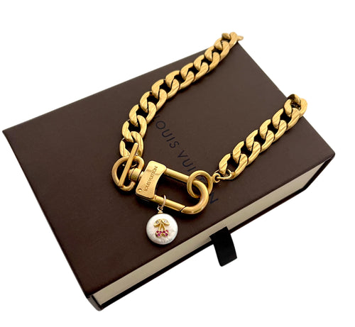 Repurposed Louis Vuitton Keychain Clasp & Cerises Charm Necklace