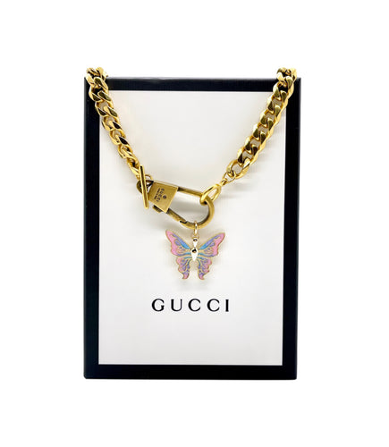 Repurposed Gucci Keychain Clasp & X~Large Butterfly/Heart Charm Necklace
