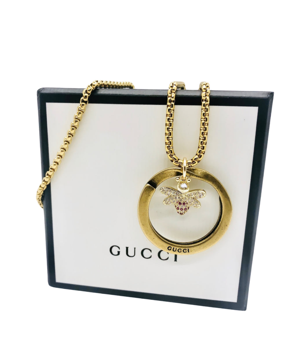 Repurposed Gucci Keyring & Floating Crystal Bee Necklace