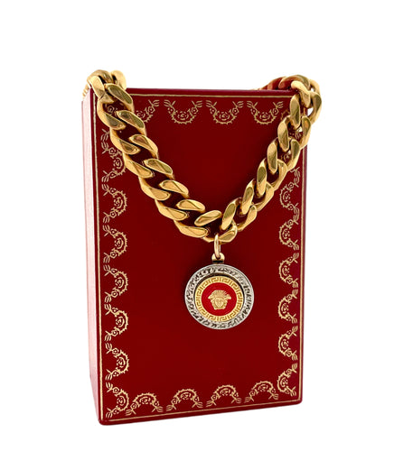 Repurposed Two~Tone Red Enameled Iconic Medusa Vintage Necklace