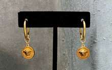 Load image into Gallery viewer, Repurposed Gold Versace Medusa Hoop Earrings