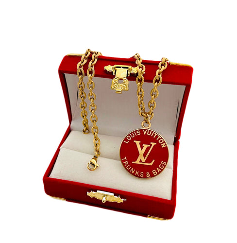 Repurposed Louis Vuitton Trunks & Bags Red & Gold Double Sided Charm Necklace