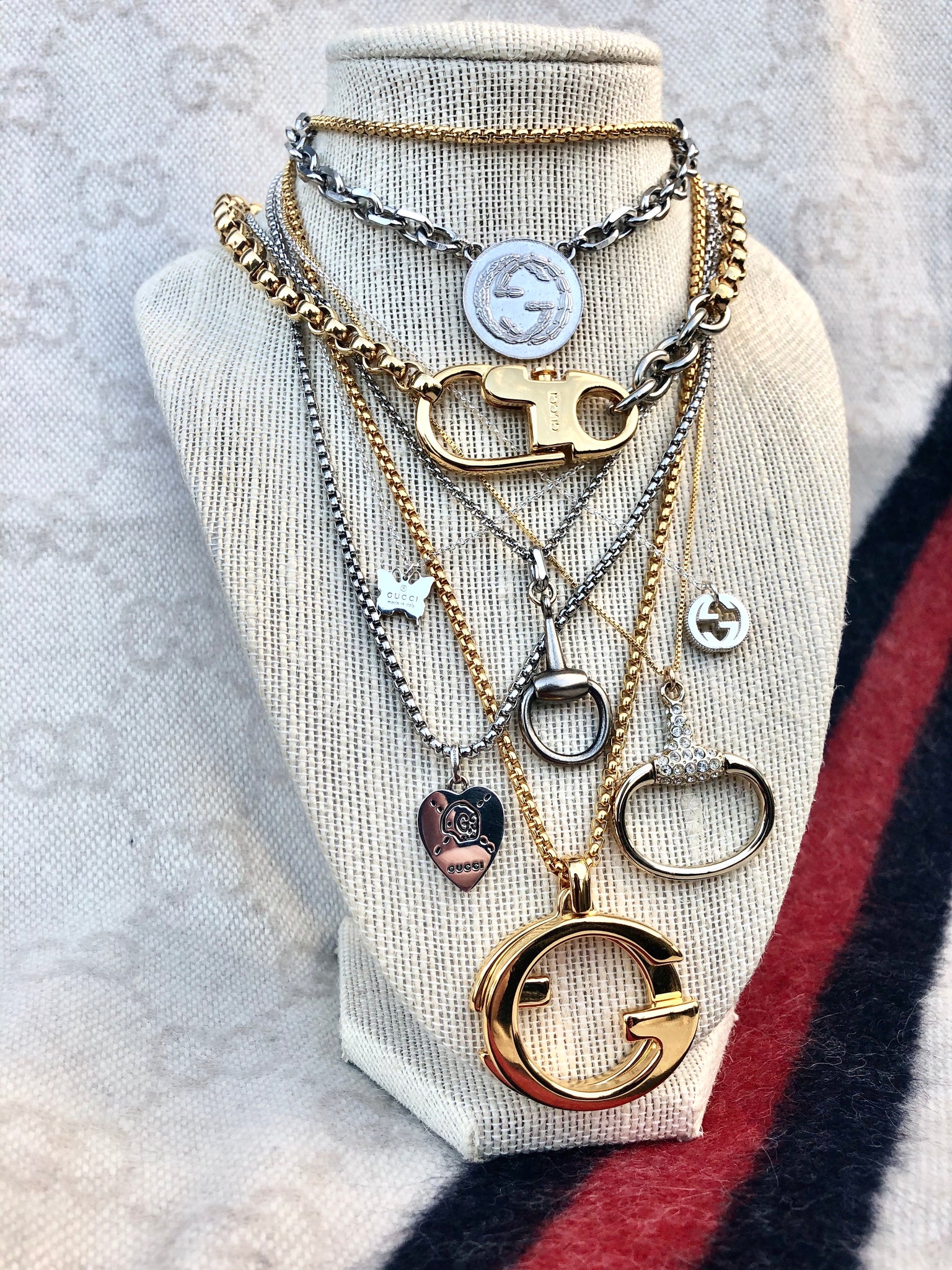 Repurposed Vintage Large Gucci GG & Removable Strawberry Charm Necklace