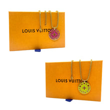 Load image into Gallery viewer, Repurposed Large Louis Vuitton Reversible Fushia &amp; Lime Green Logo Cut~Out Necklace
