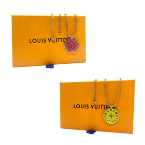 Repurposed Large Louis Vuitton Reversible Fushia & Lime Green Logo Cut~Out Necklace