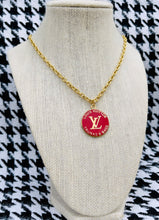 Load image into Gallery viewer, Repurposed Louis Vuitton Trunks &amp; Bags Red &amp; Gold Double Sided Charm Necklace
