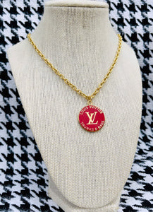 Repurposed Louis Vuitton Trunks & Bags Red & Gold Double Sided Charm Necklace