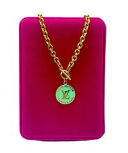 Load image into Gallery viewer, Repurposed Large Louis Vuitton Trunks &amp; Bags Teal~Gold Reversible Necklace