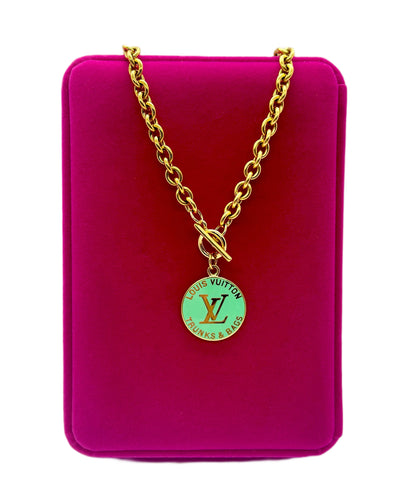 Repurposed Large Louis Vuitton Trunks & Bags Teal~Gold Reversible Necklace