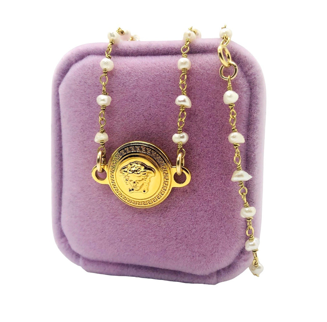 Repurposed Versace Medusa Coin & Freshwater Pearl Necklace