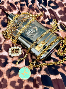 Repurposed Large Louis Vuitton Trunks & Bags Teal~Gold Reversible Necklace