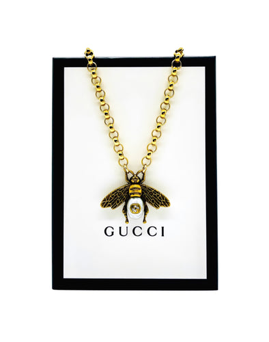 Large Repurposed Gucci Bee Charm Pearl Necklace