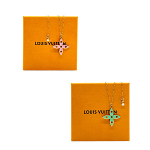 Repurposed Reversible Turquesa & Pink Louis Vuitton Flower Cut-Out Charm Necklace