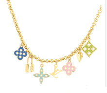 Load image into Gallery viewer, Small Repurposed Louis Vuitton Pink &amp; Gold Flower Cut~Out Charm Necklace