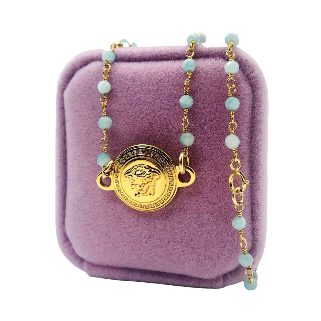 Repurposed Versace Medusa Coin & Blue Amazonite Necklace